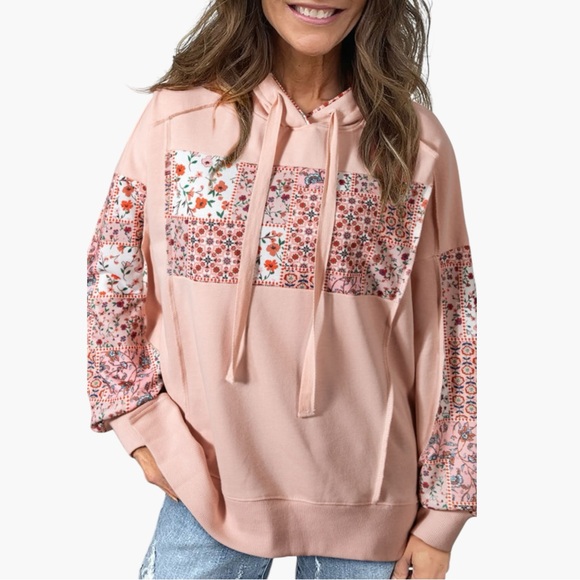Tops - 5211. Floral Patchwork Hoodie - Pink